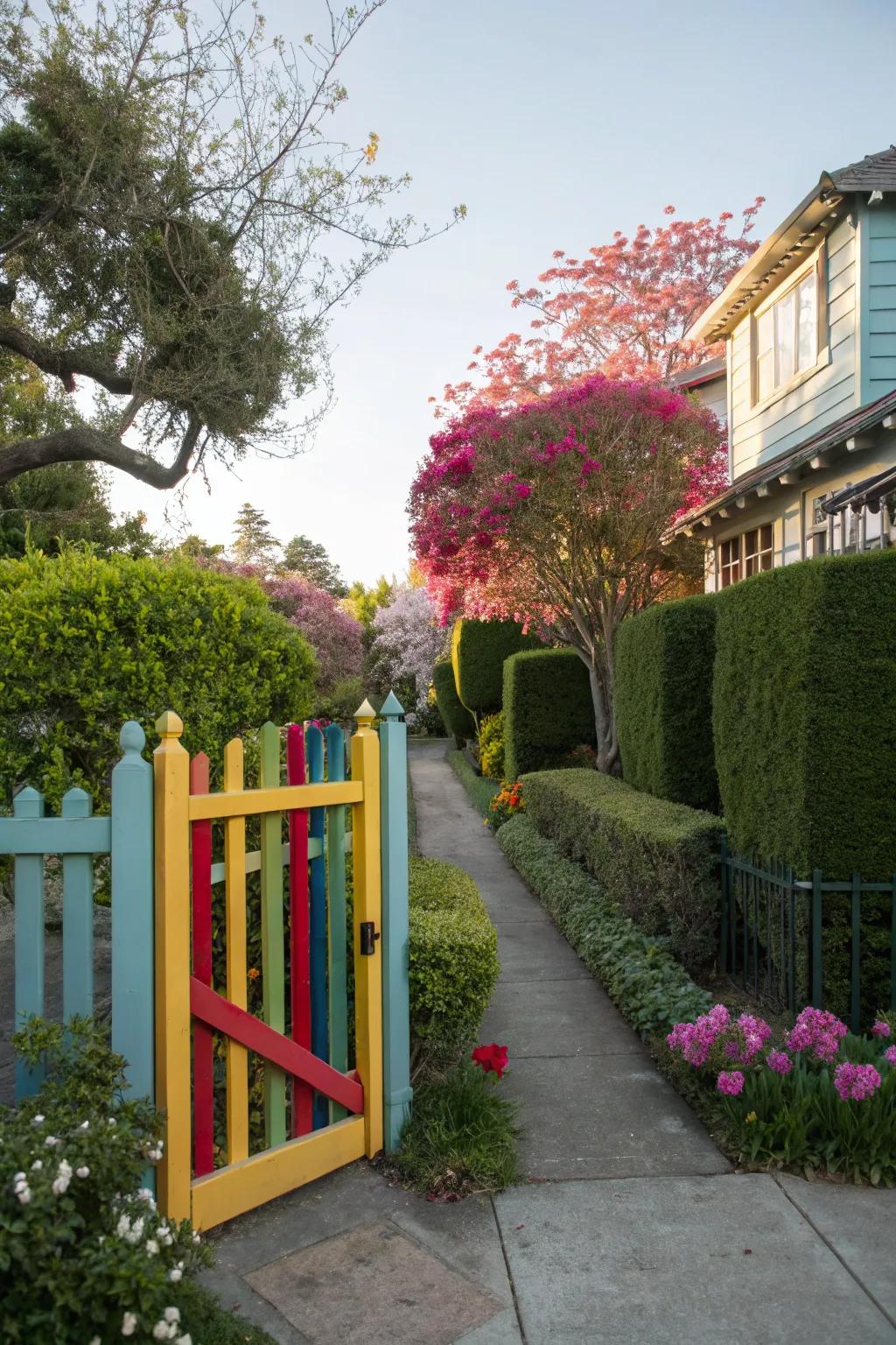 A colorful gate that adds personality and joy to the entrance.