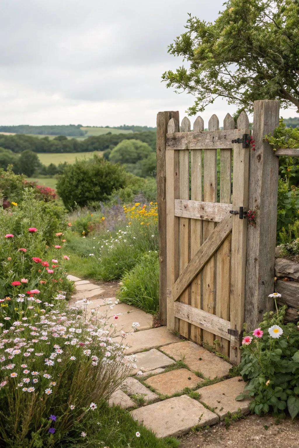 A rustic wood gate that adds country charm to the entrance.