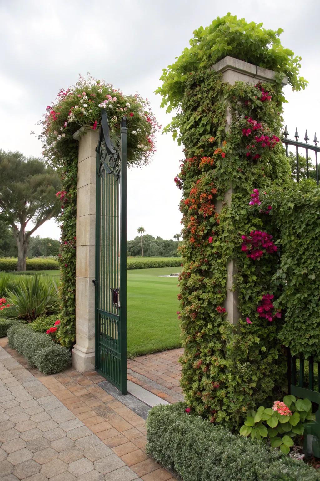 An entrance gate featuring a lush vertical garden.
