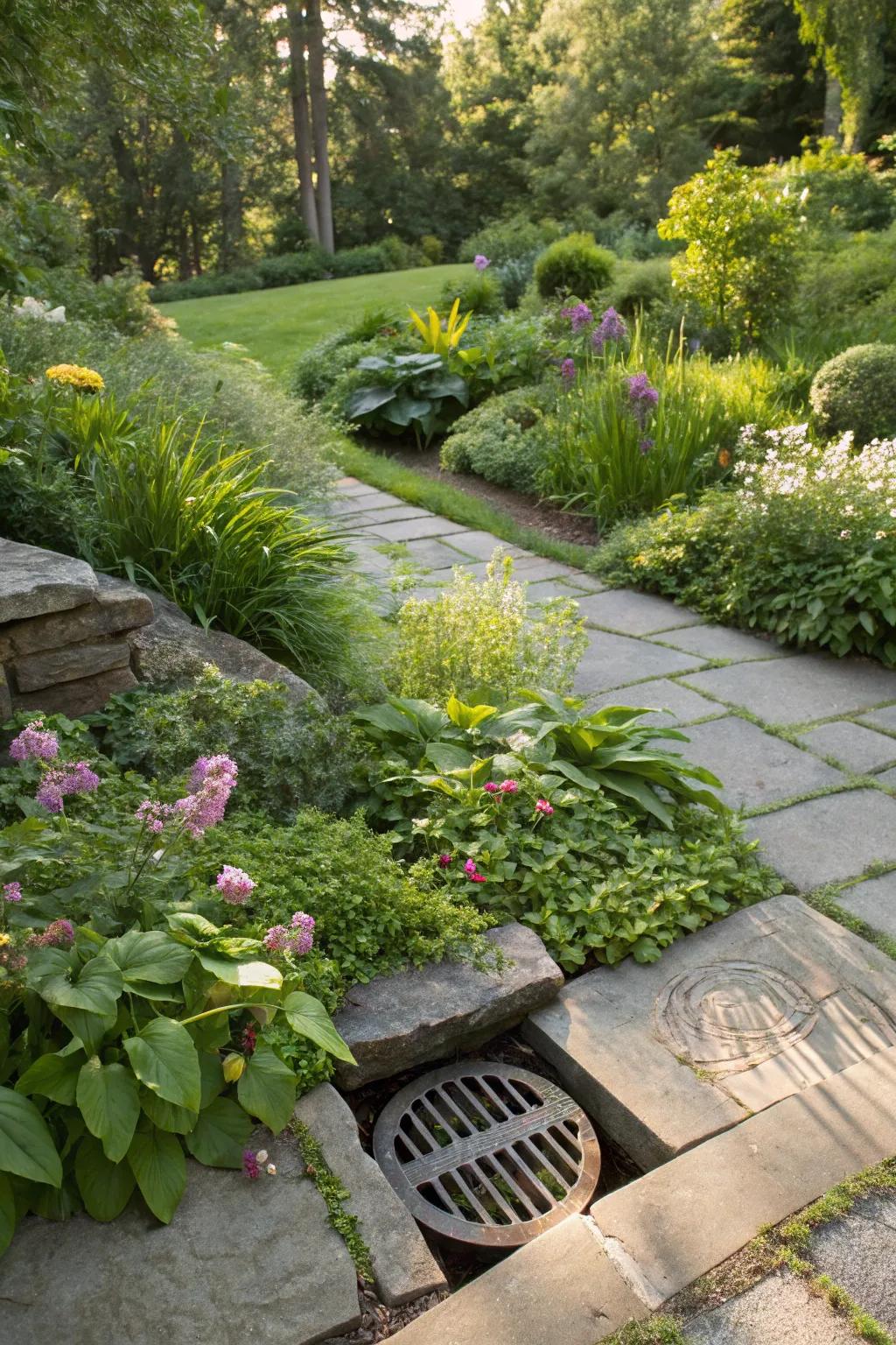 A sunken garden creates an impressive feature while hiding a drain cover.