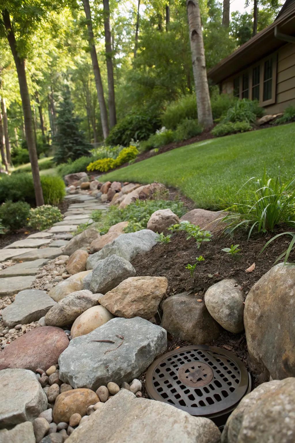 Fake rocks provide a natural disguise for drain covers.