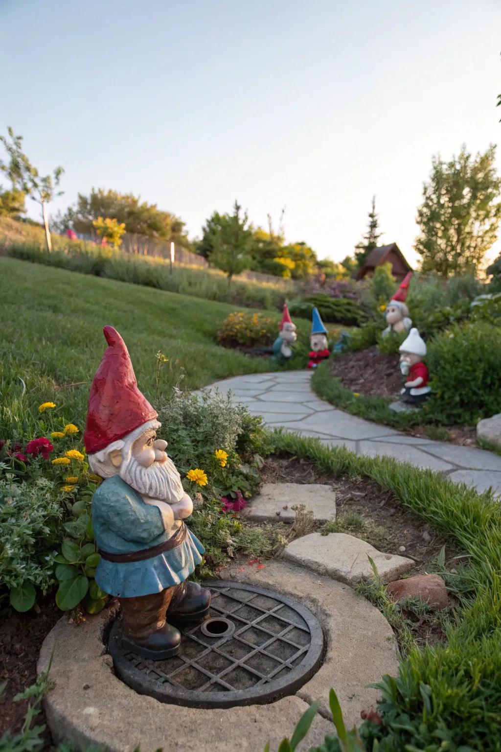 Garden gnomes add charm and disguise to a drain cover.