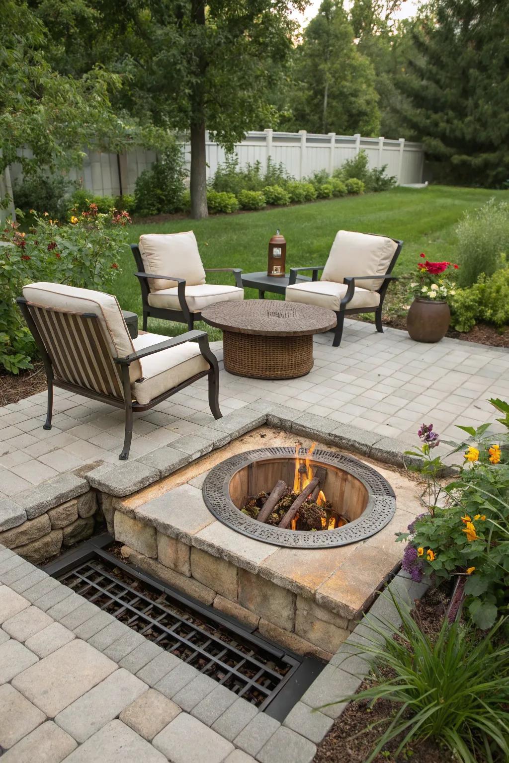 A firepit adds warmth and style while cleverly hiding a drain cover.