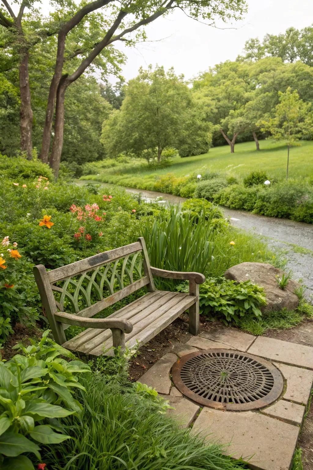 A garden bench provides a cozy spot while hiding a drain cover.