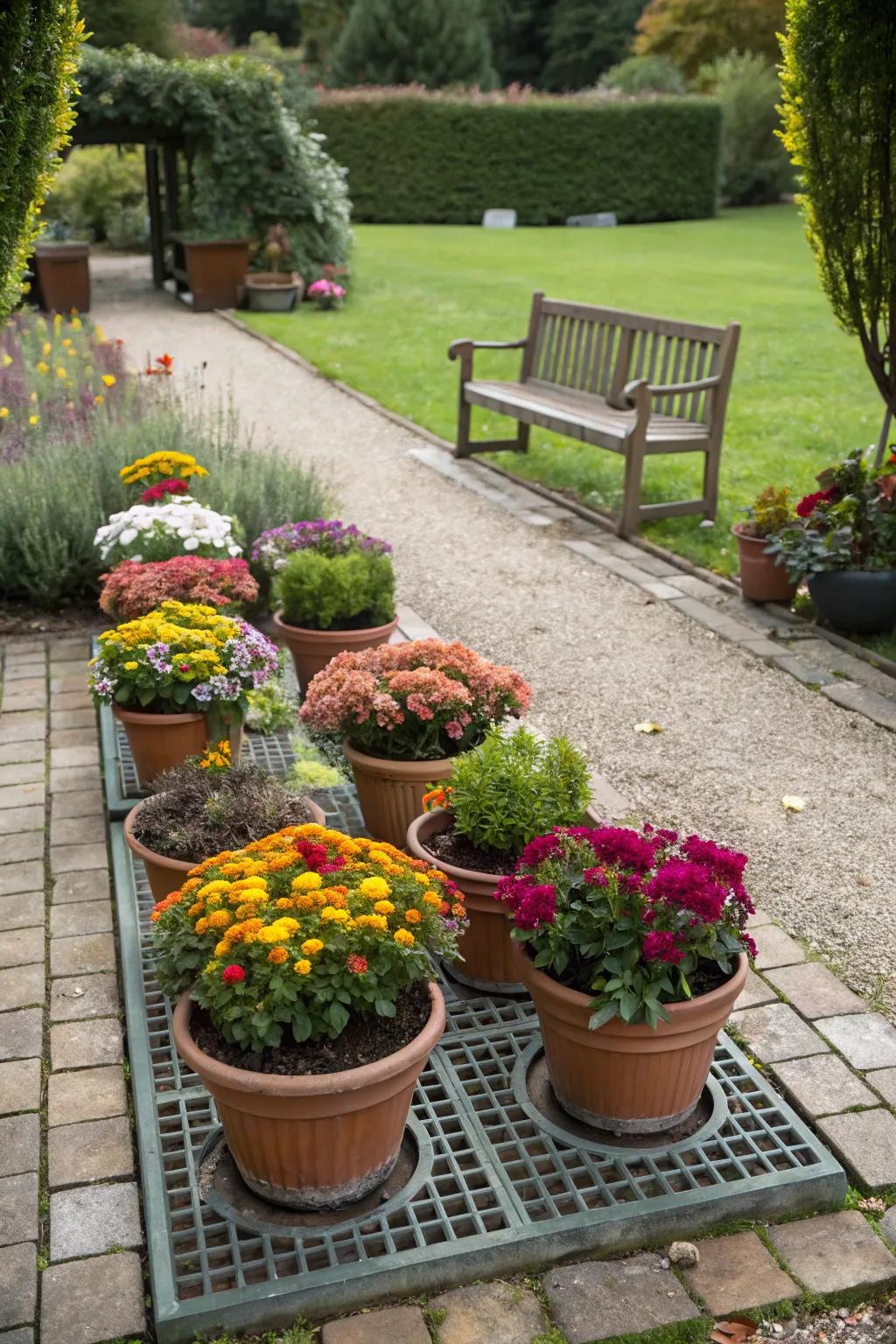 Potted plants add a burst of color while hiding unsightly drain covers.