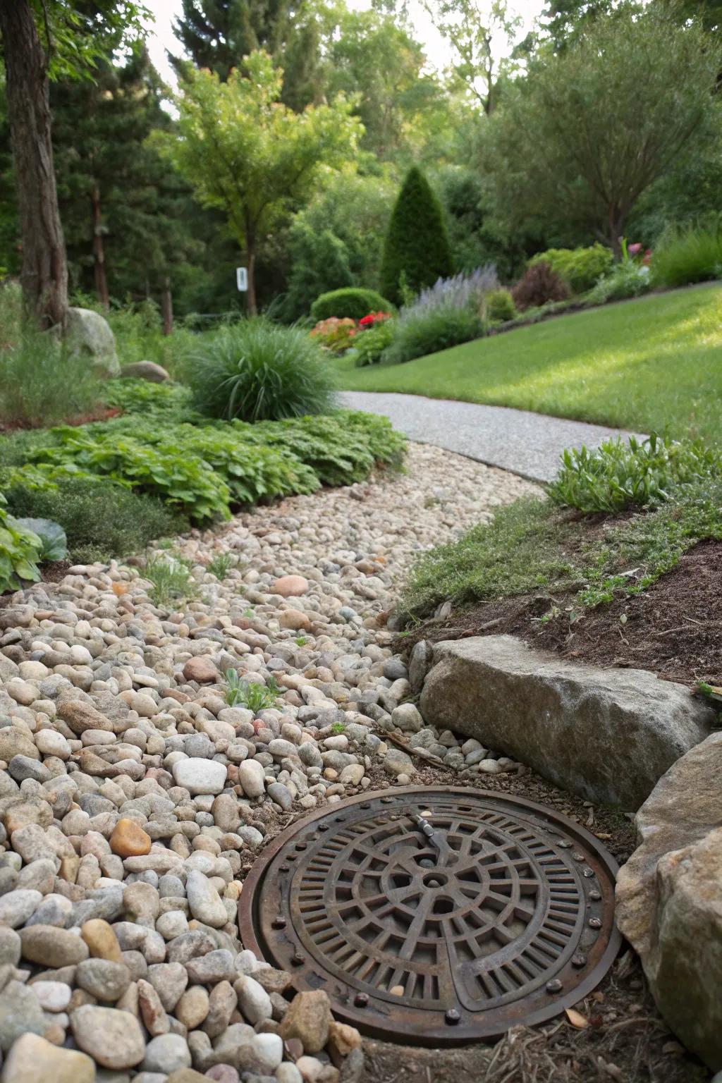 A gravel bed adds texture while concealing a drain cover.