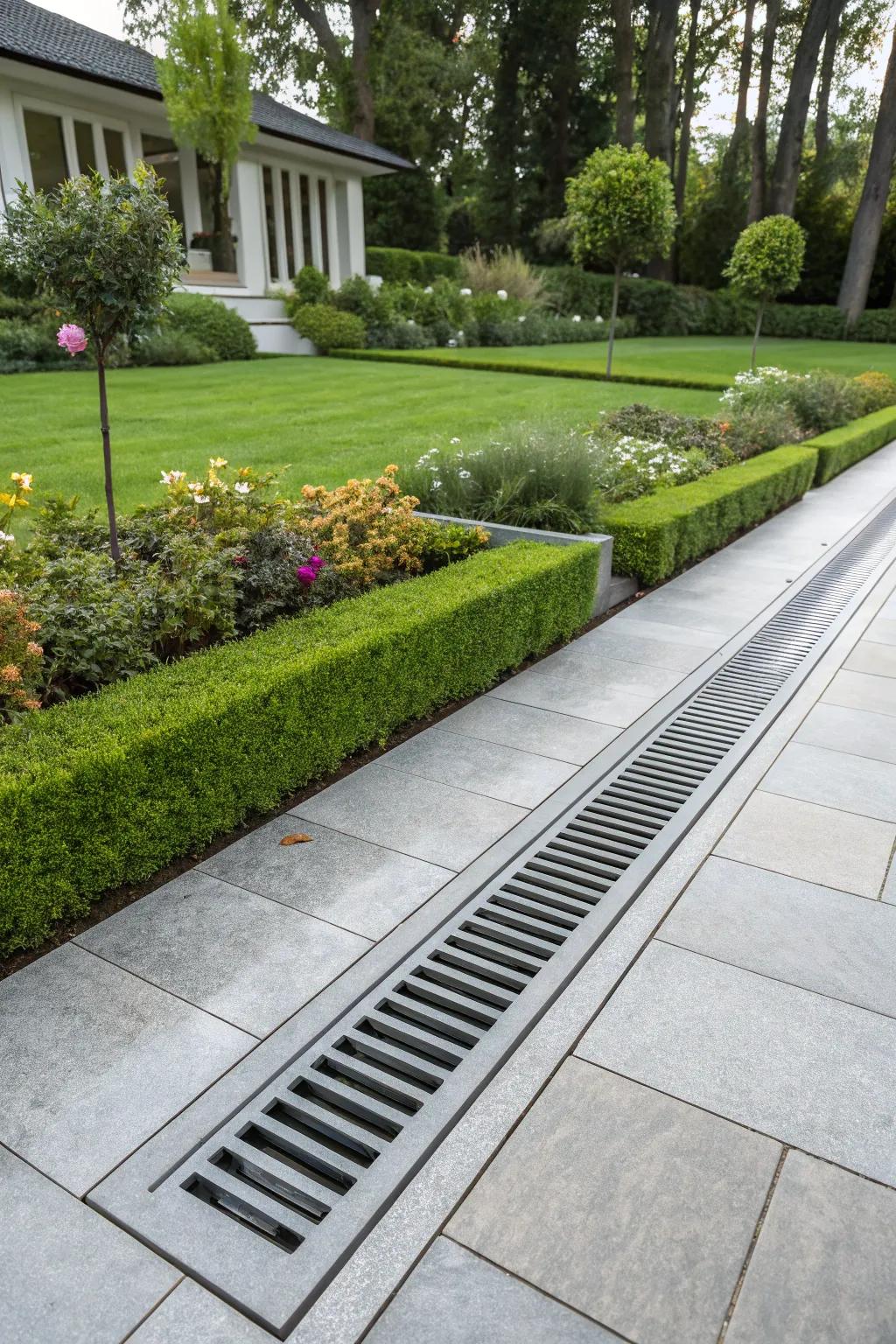 Modern drain covers enhance the garden's aesthetic appeal.
