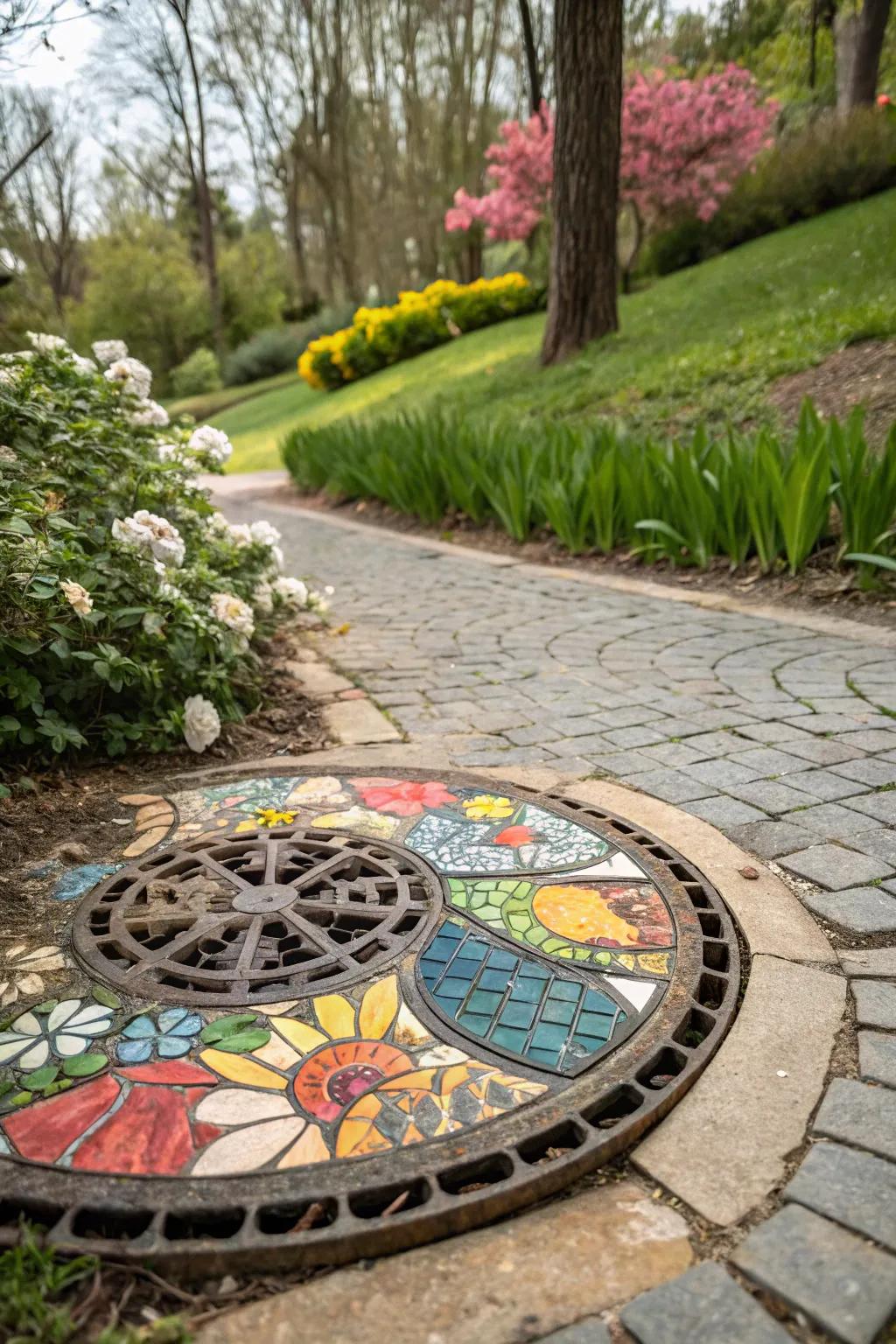 A mosaic design turns a drain cover into a stunning garden feature.