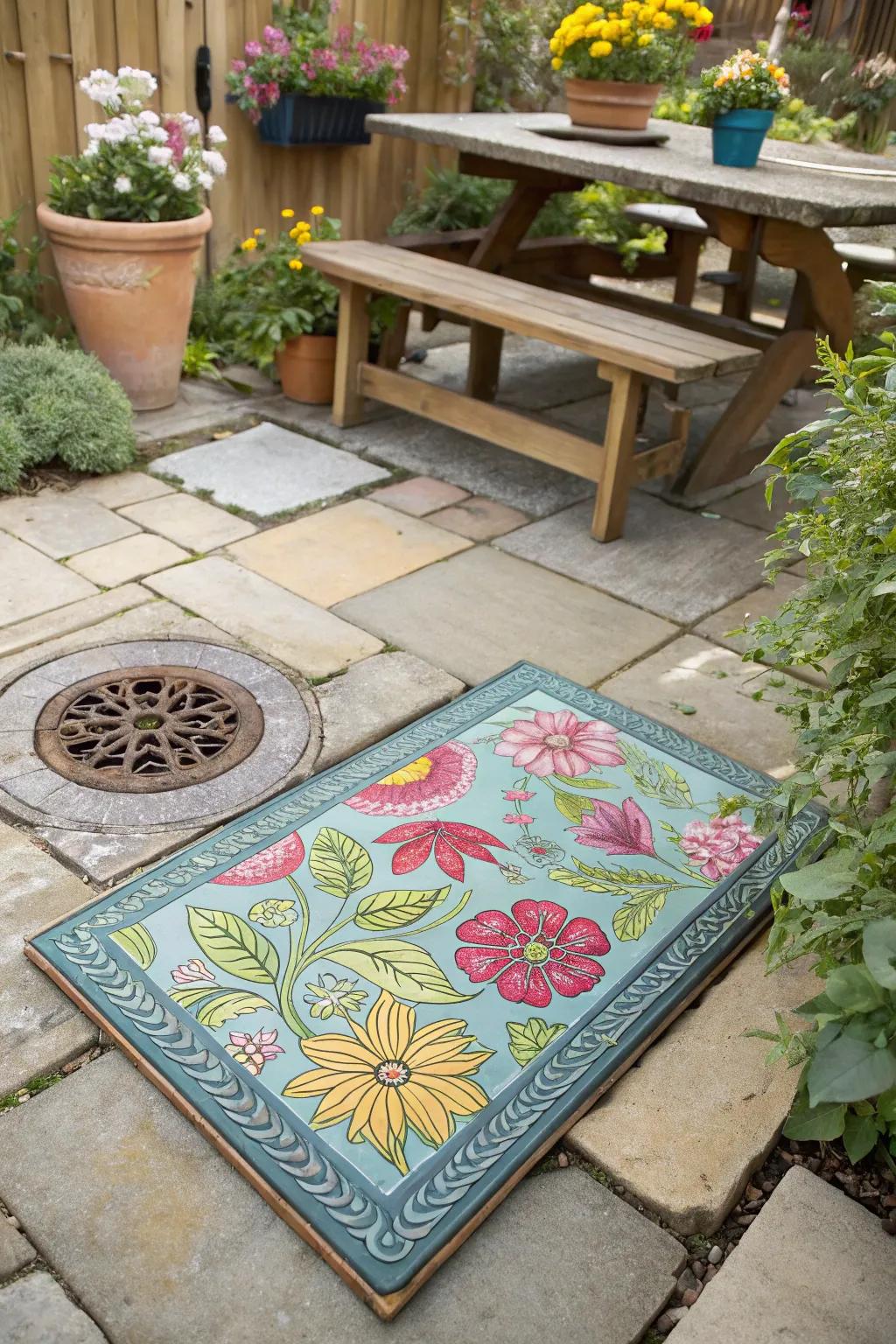 An outdoor rug offers a stylish and flexible solution to hide drain covers.