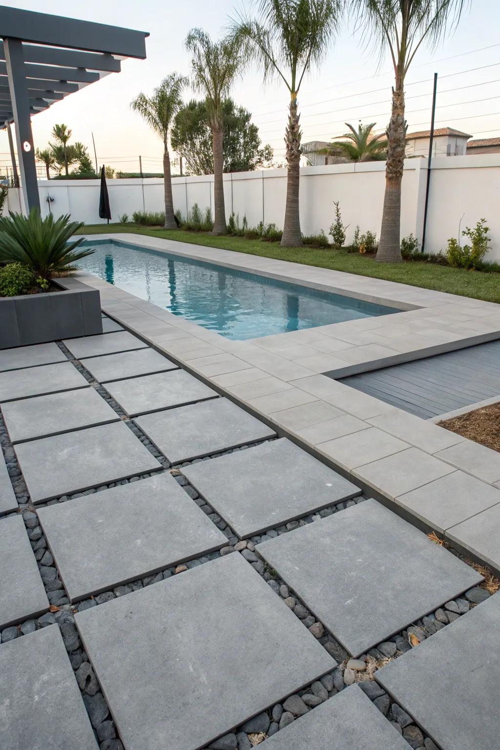 Sleek concrete pavers offer a contemporary poolside aesthetic.