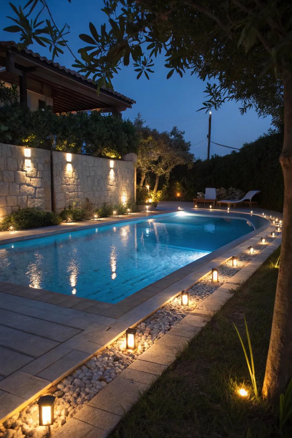 LED lighting transforms the pool area into a magical nighttime paradise.