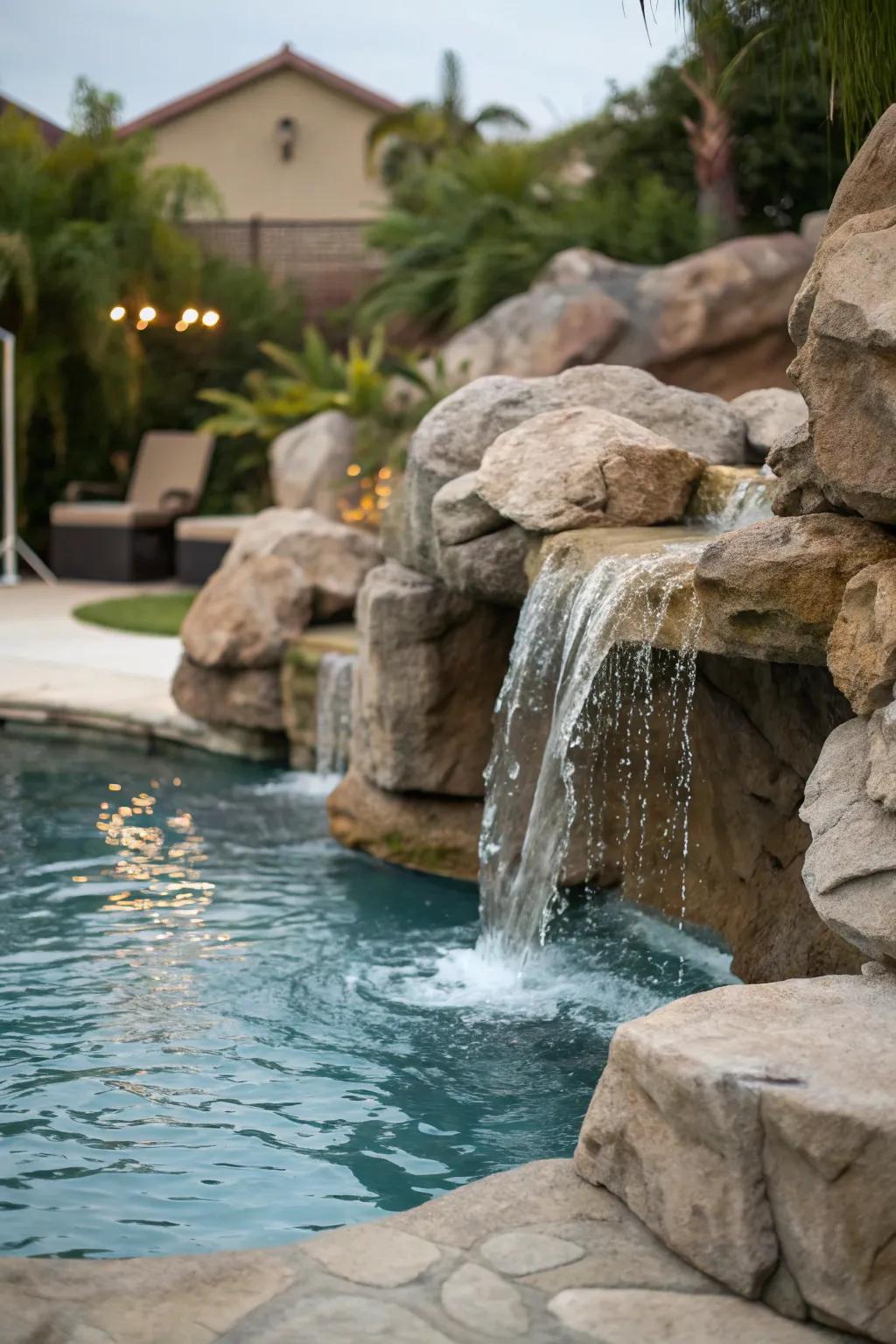 An integrated waterfall creates a soothing and dramatic poolside feature.