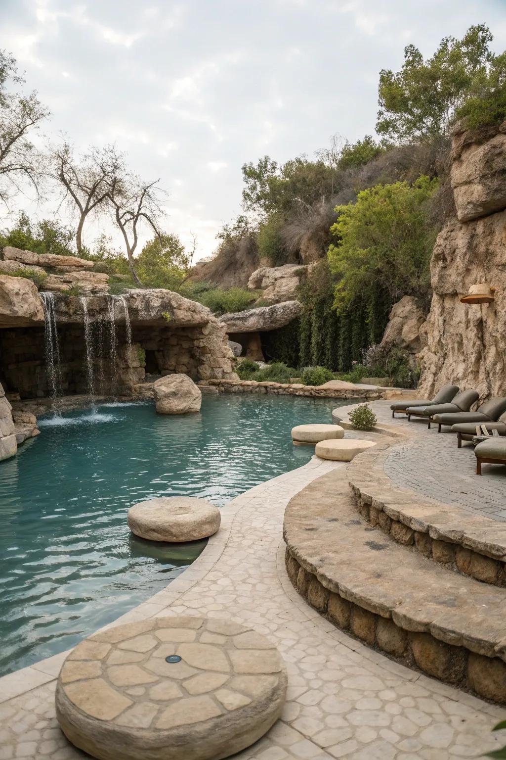Natural rock features create a rustic and engaging pool environment.