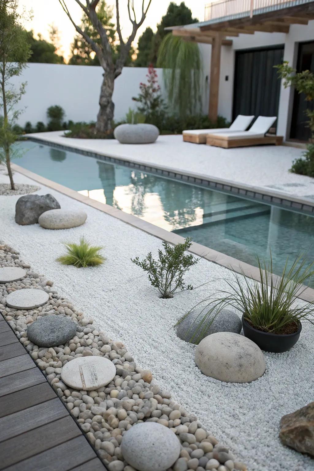 A Zen garden offers a serene and calming poolside escape.