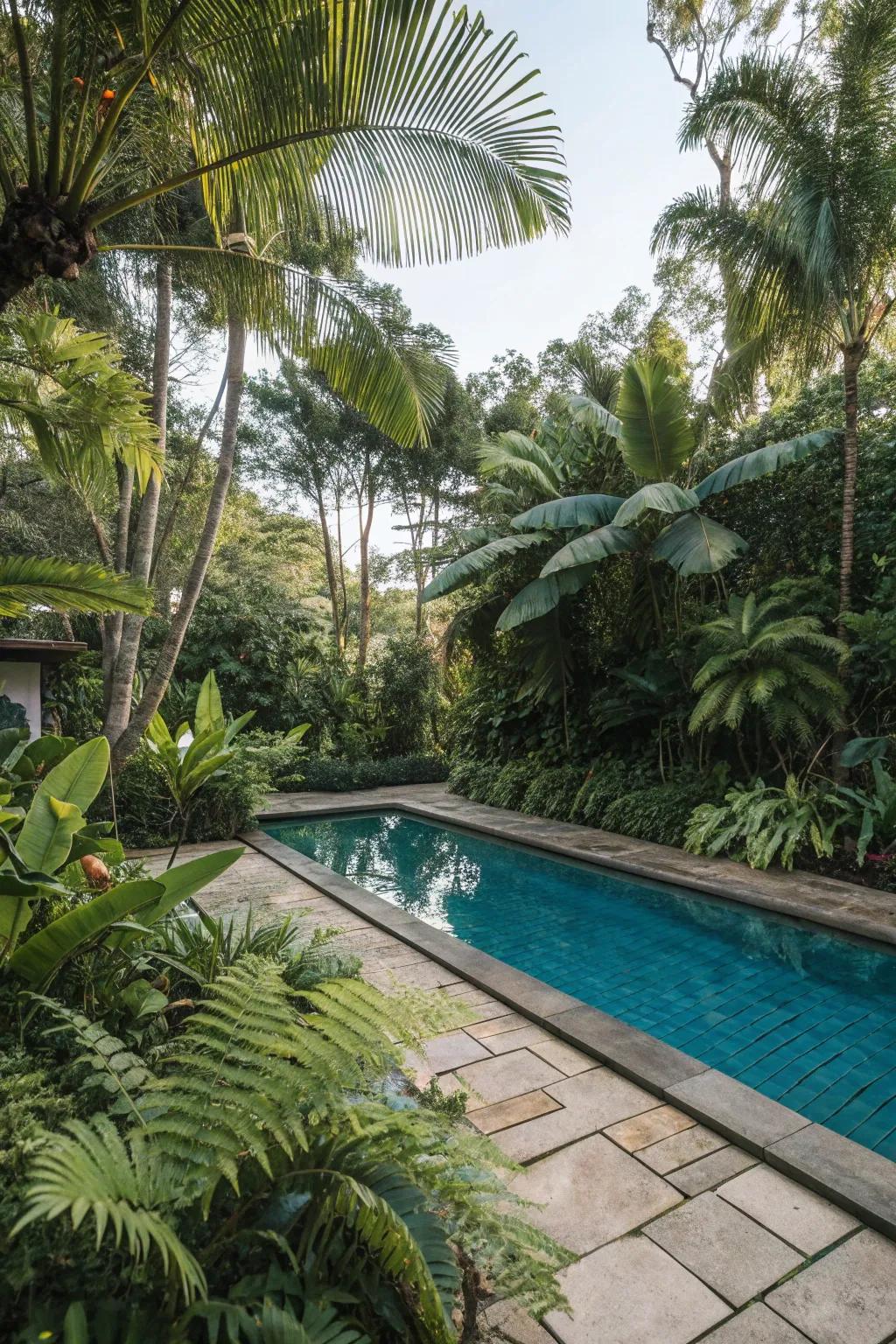 Tropical plants create a lush, exotic poolside retreat.