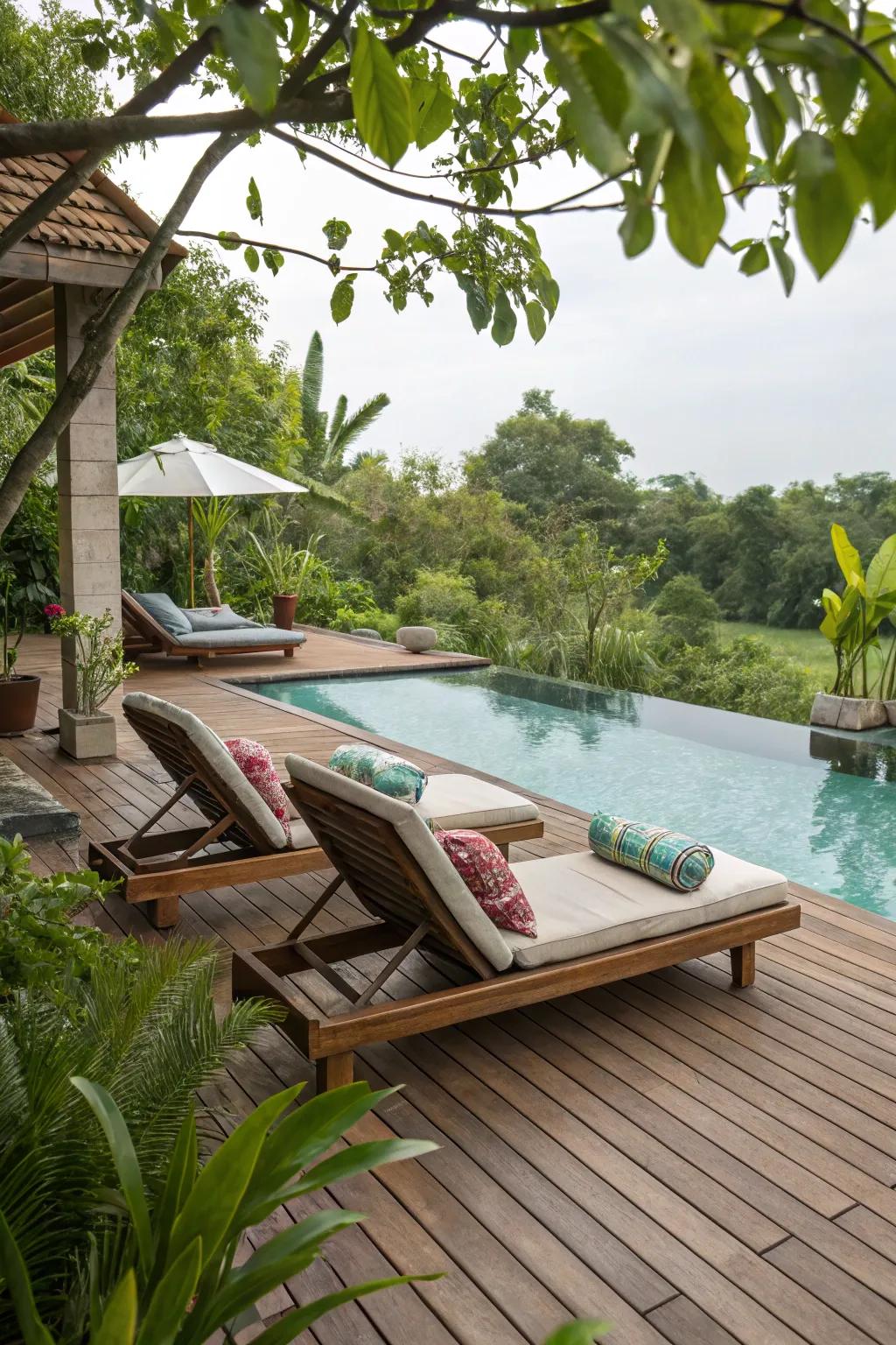 A wooden deck offers a warm and inviting poolside atmosphere.