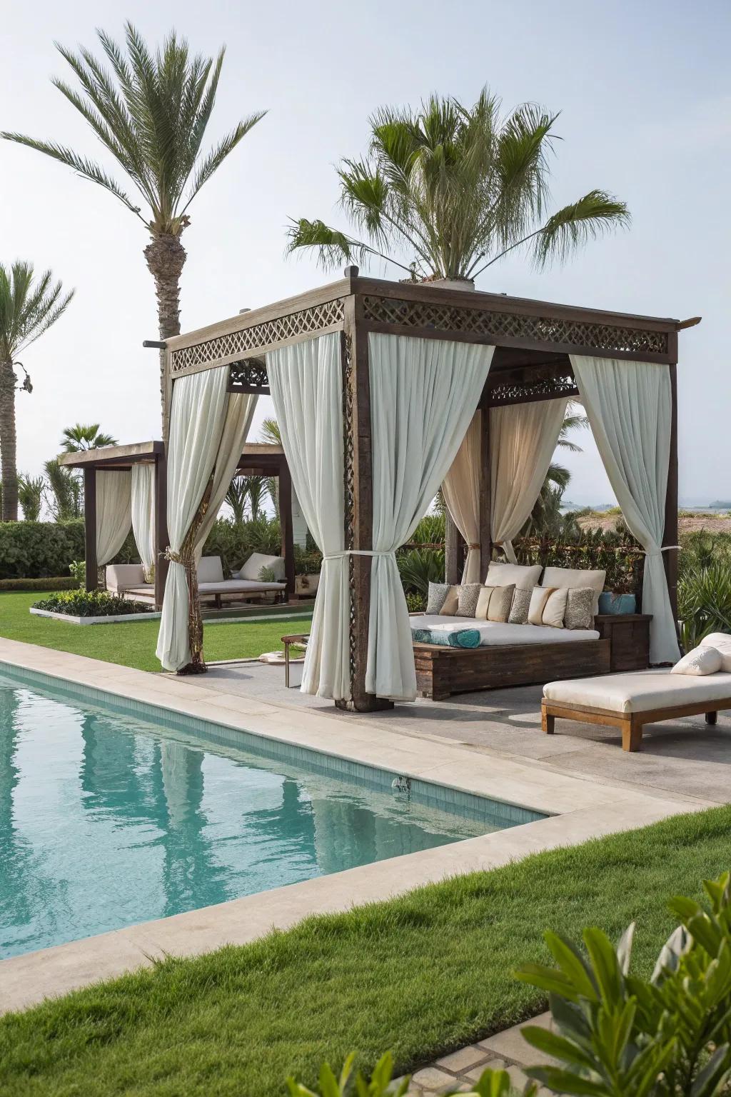 A luxury cabana provides a stylish and comfortable poolside retreat.