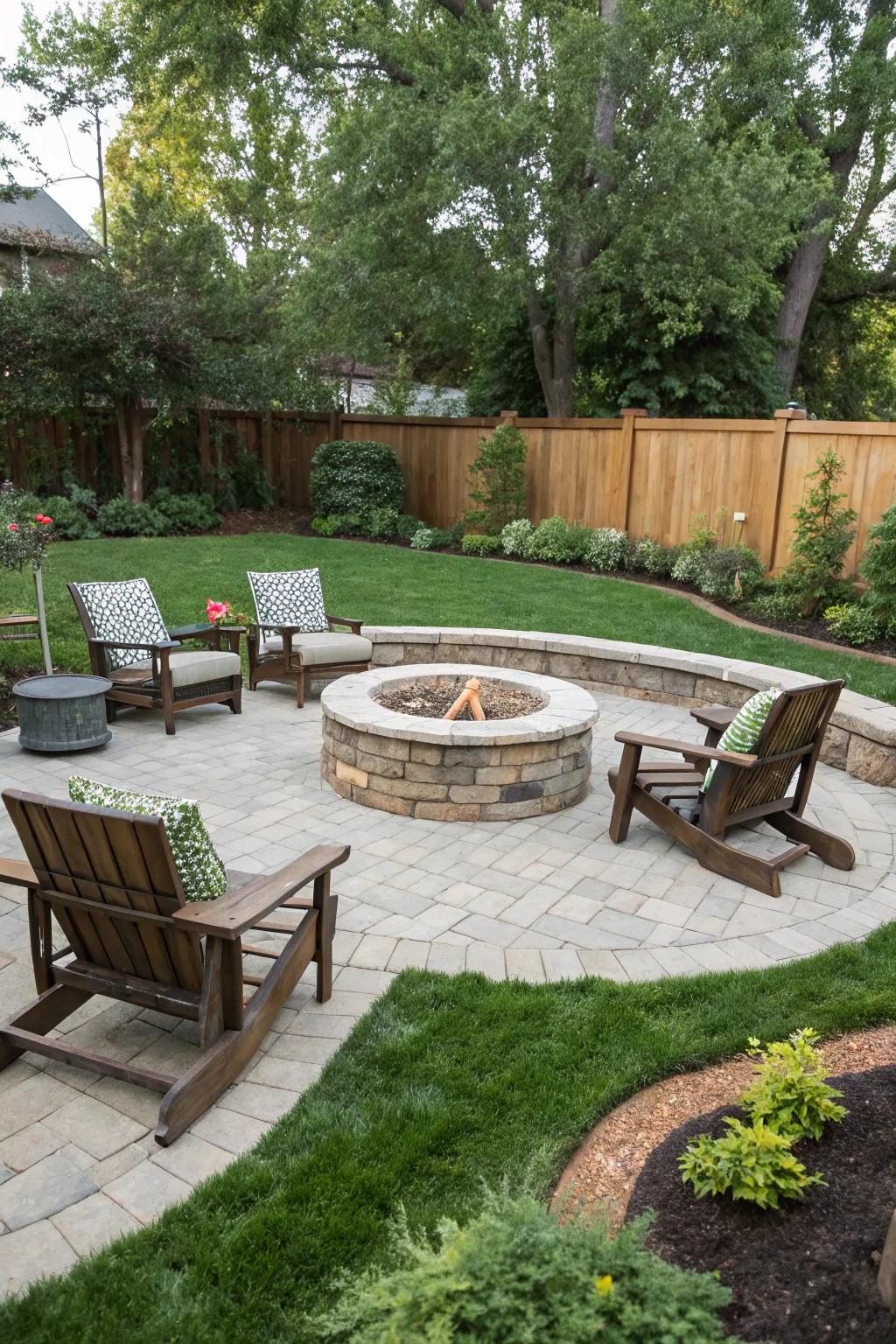 Invite warmth with a fire pit surrounded by pavers and turf.