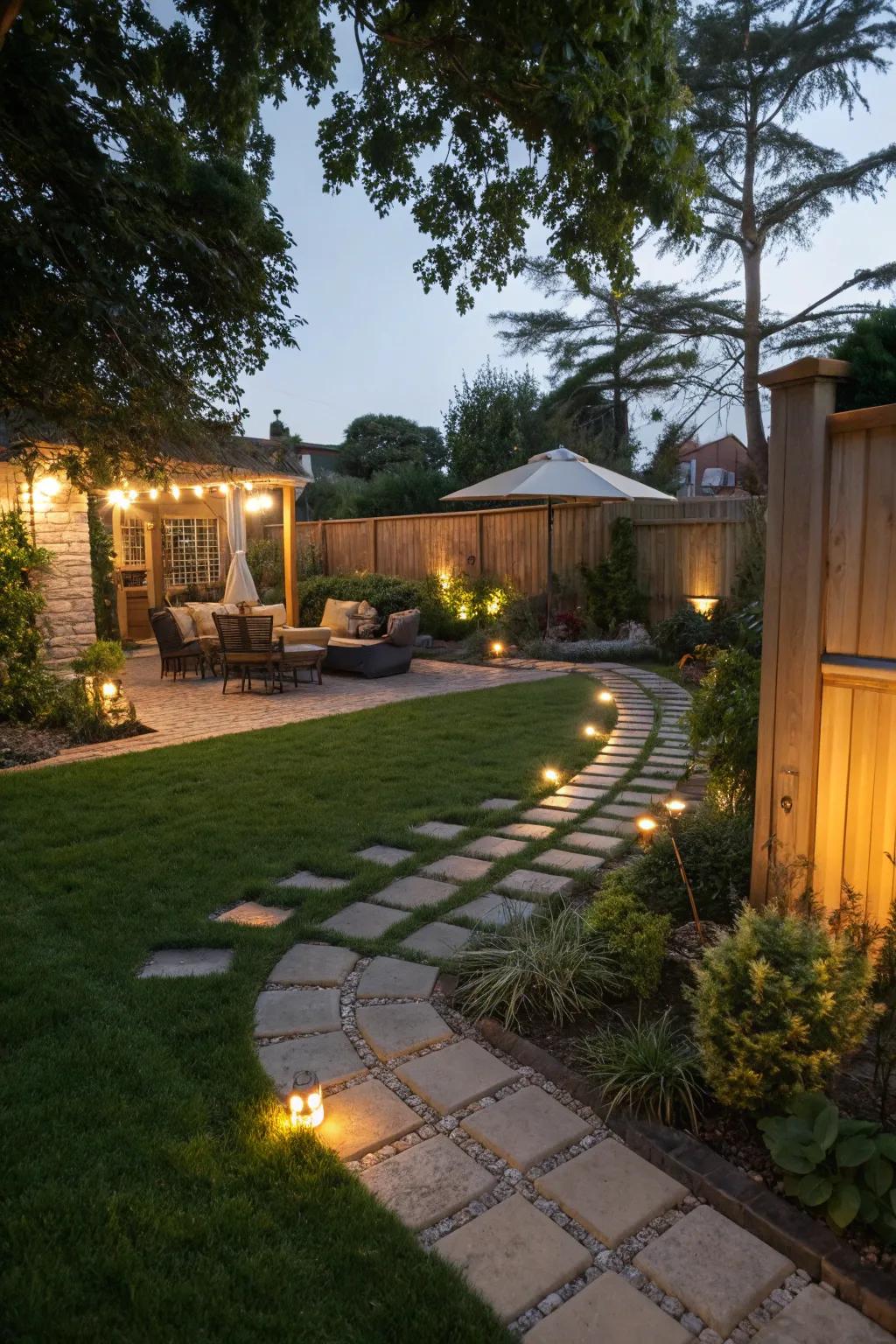 Soft lighting creates an enchanting backyard atmosphere.