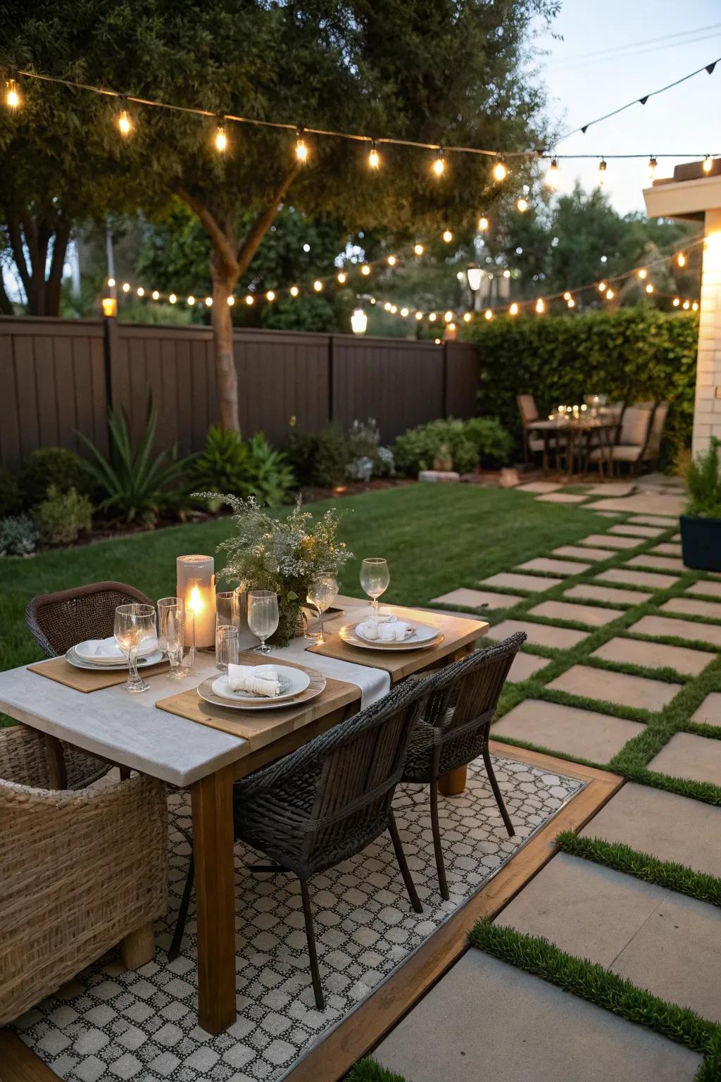 An elegant outdoor dining space accented with turf.