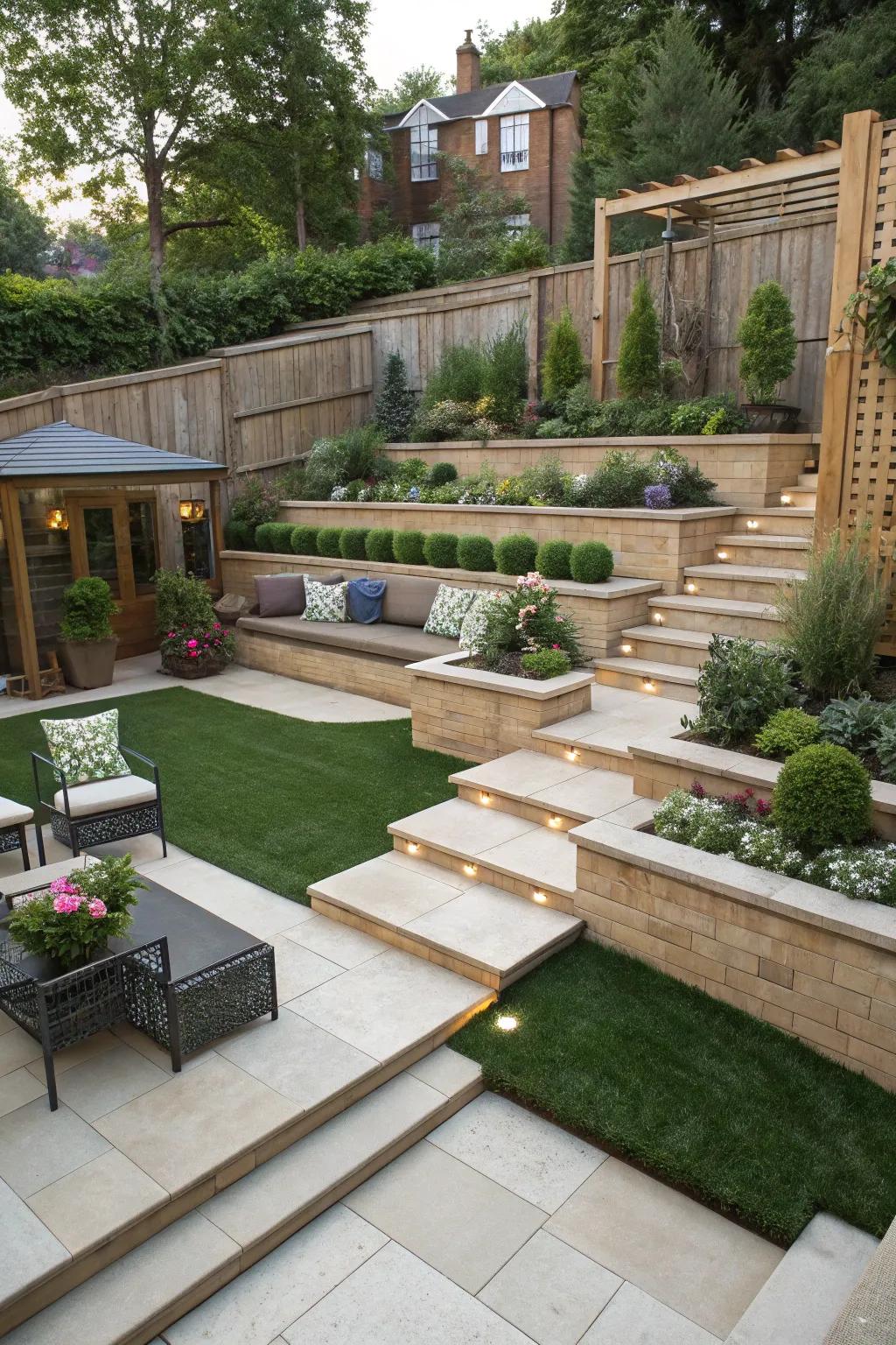 A terraced backyard adds visual appeal and texture.