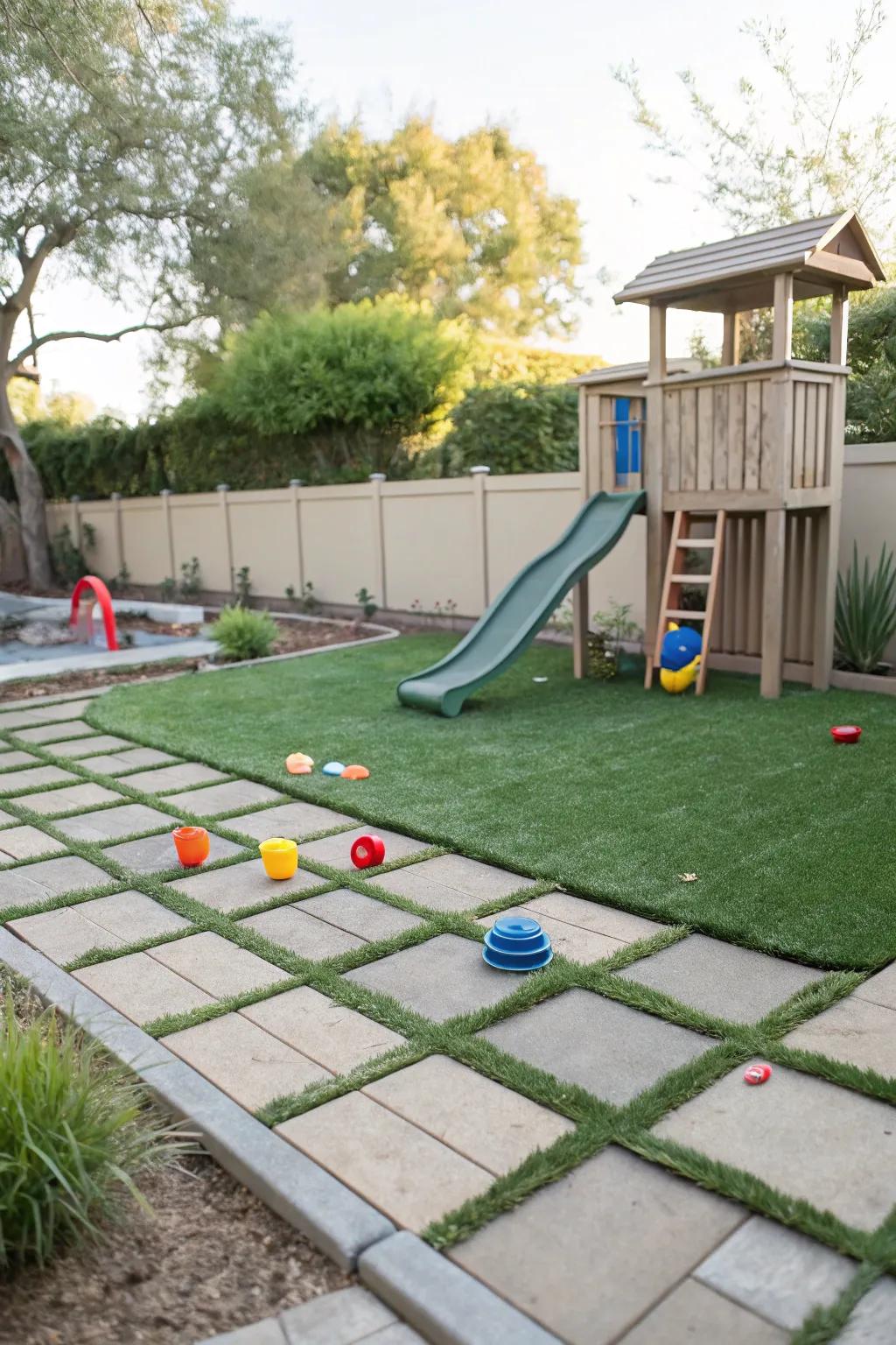 A safe and engaging play space combining turf and pavers.