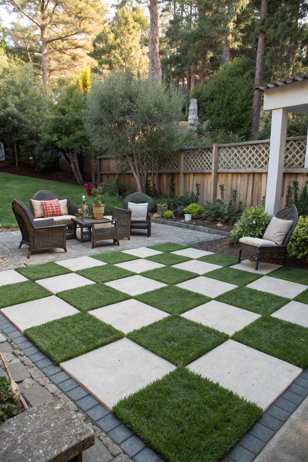Checkerboard design created using alternating pavers and turf.
