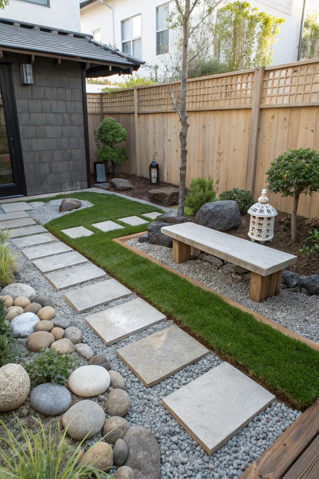 Serene Zen garden featuring pavers, turf, and gravel.