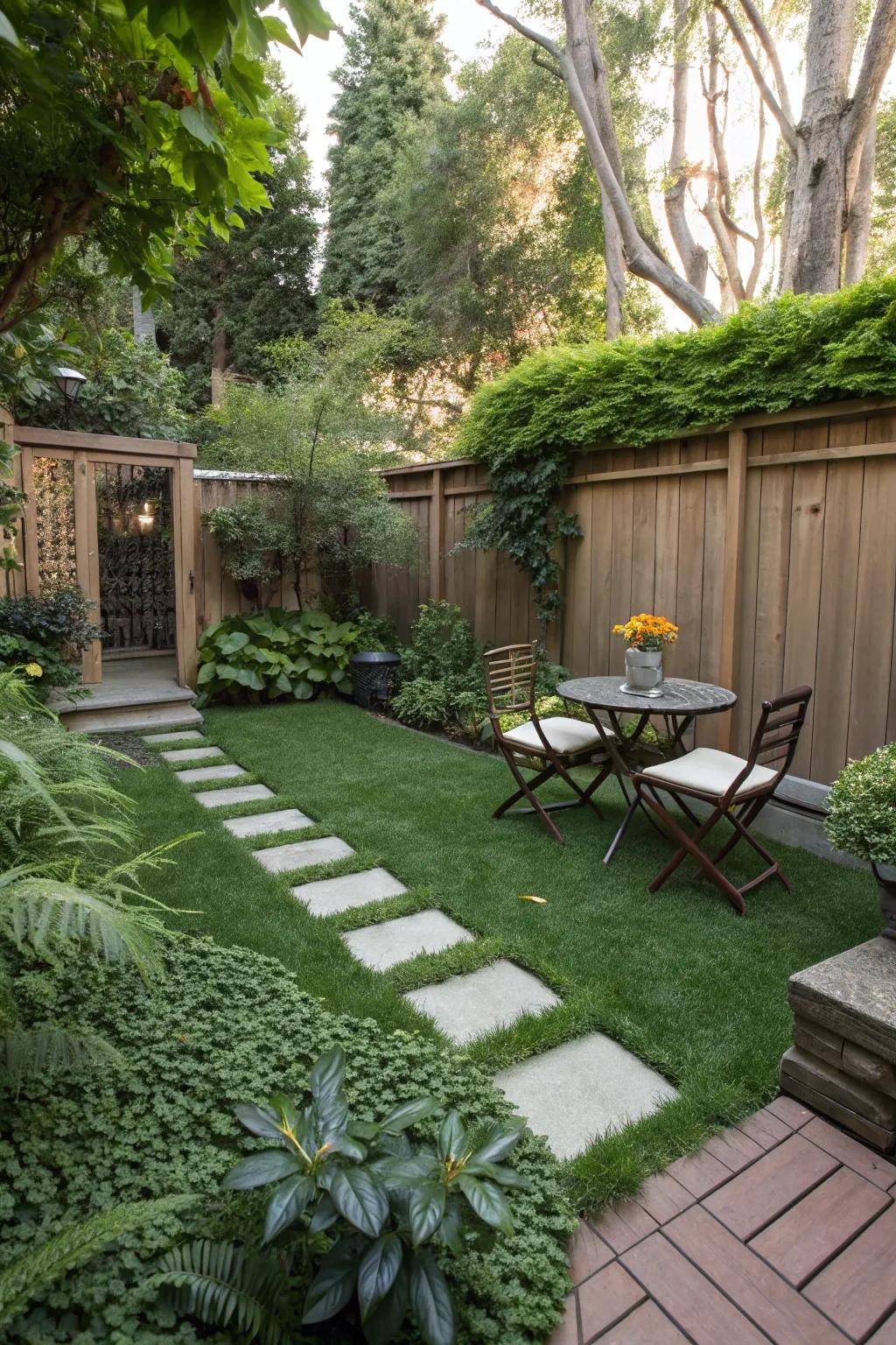 Secluded garden spot crafted with turf and pavers.