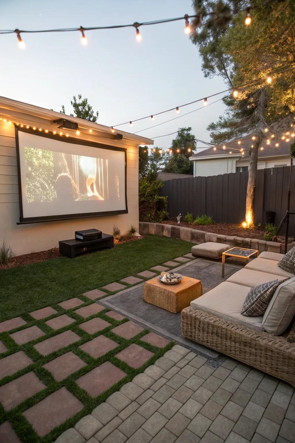 Outdoor movie area featuring turf seating and pavers.