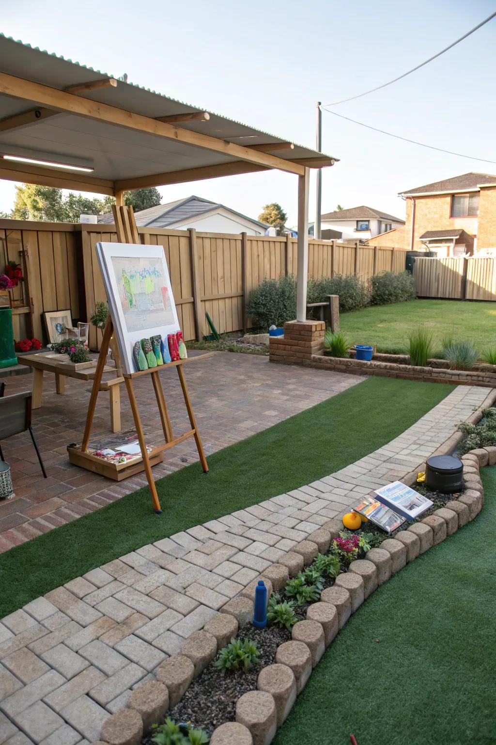 An inspiring outdoor art area with turf and paver edges.
