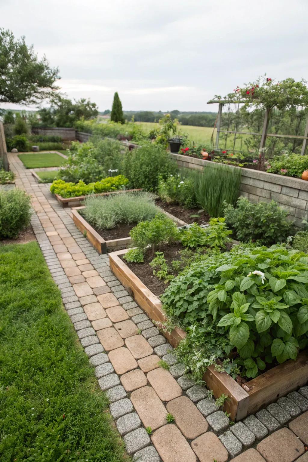Organized herb garden with pavers and turf walkways.