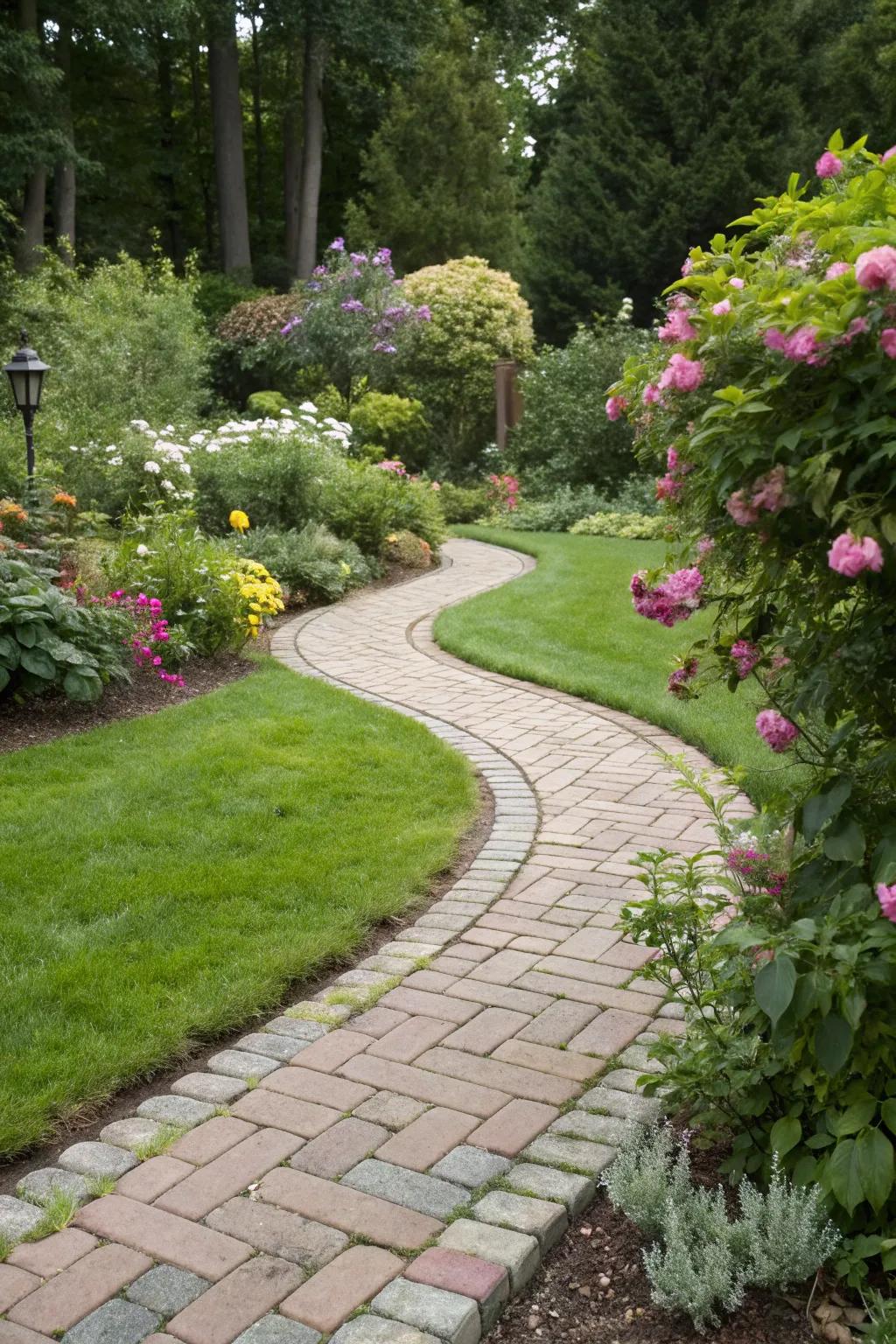 Charming paver pathway blended with lush turf.