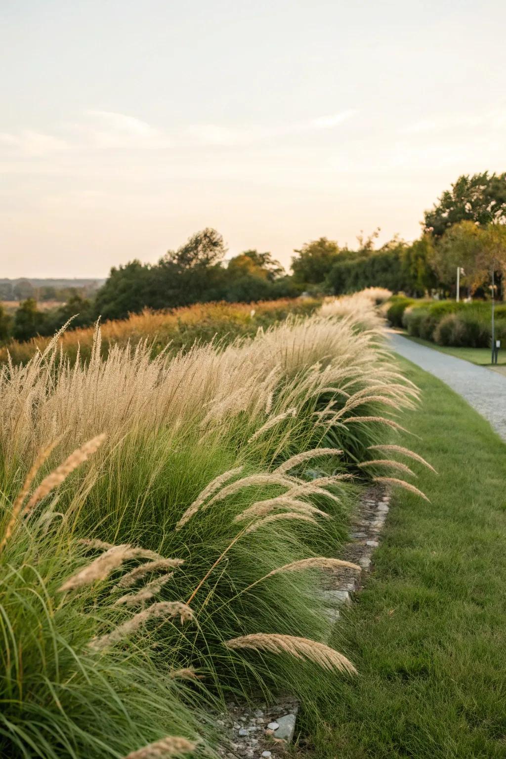 Ornamental grasses add texture and movement to privacy berms.