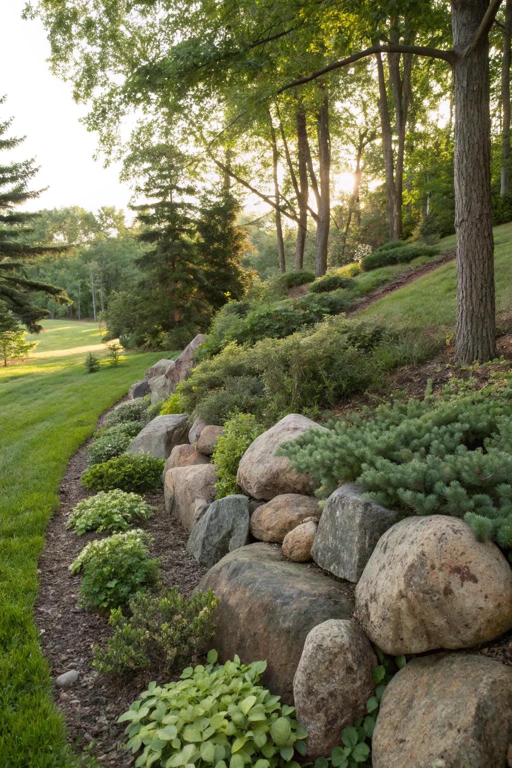 Rocks and boulders add stability and beauty to berms.