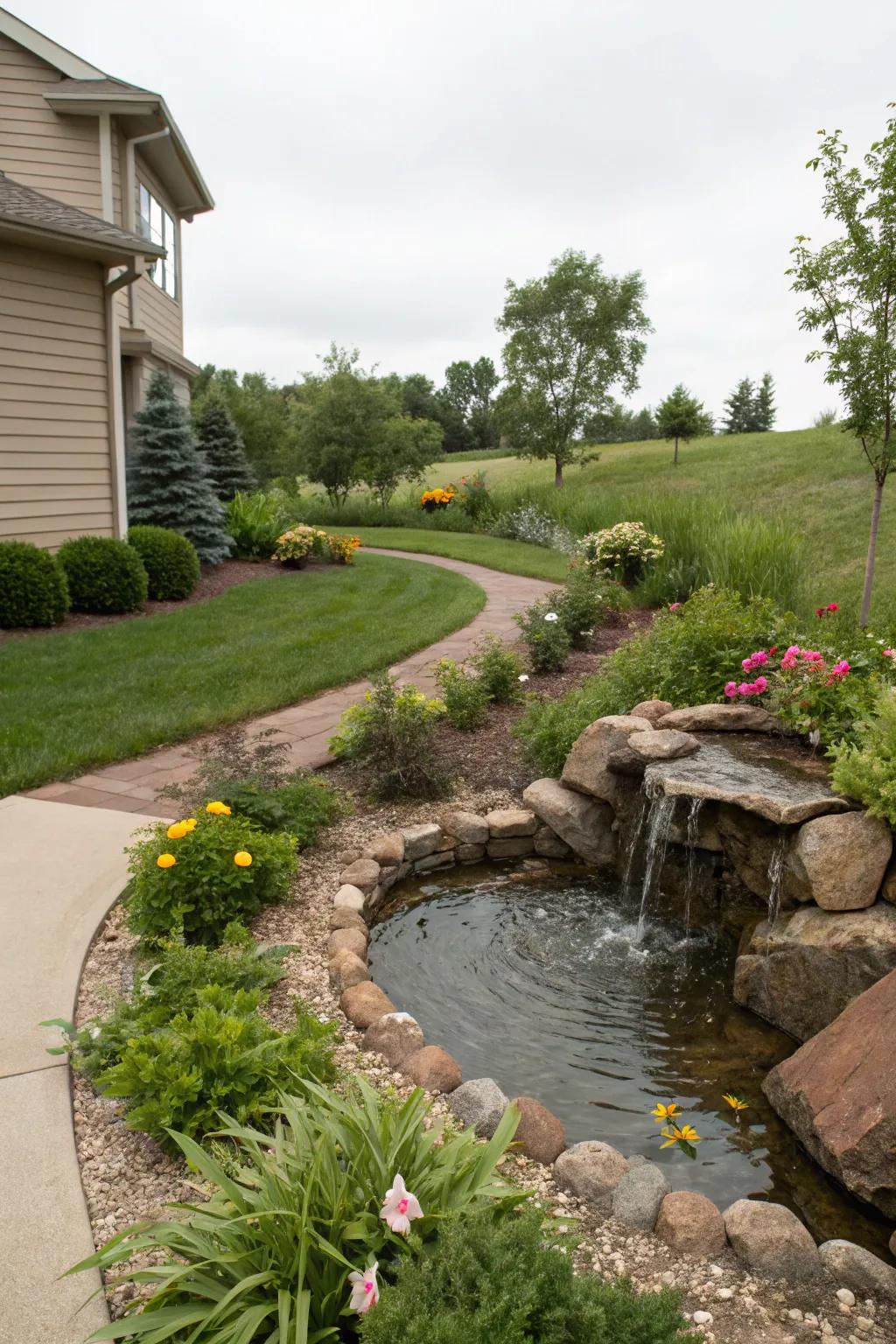 A water feature adds a soothing and charming element to privacy berms.