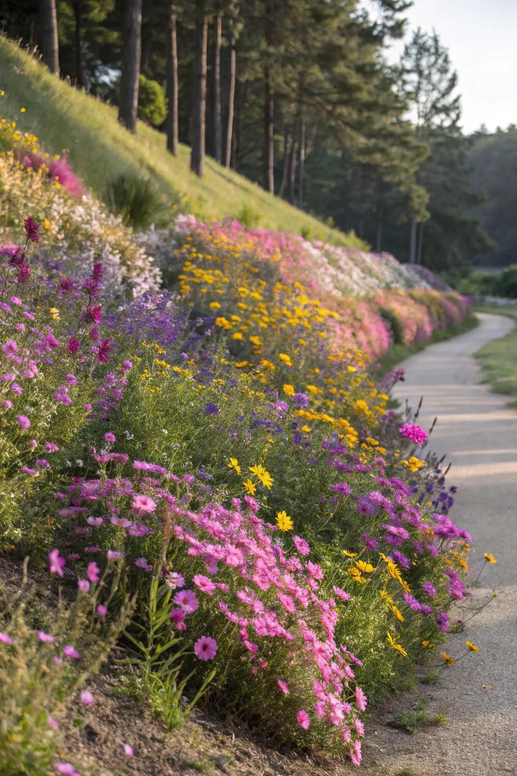Wildflowers create a whimsical and colorful privacy berm.