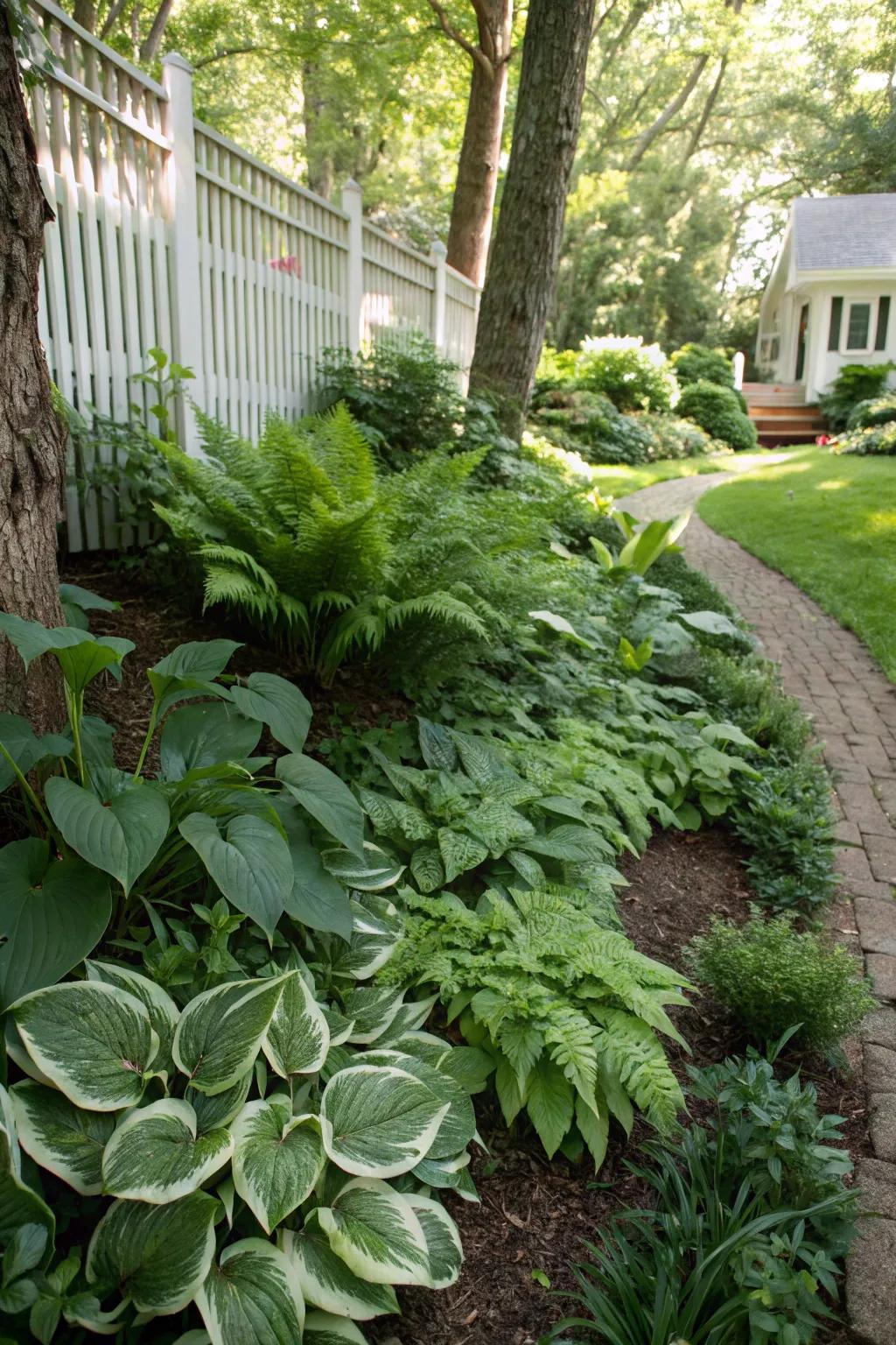 Shade-loving plants like hostas and ferns thrive on shaded berms.