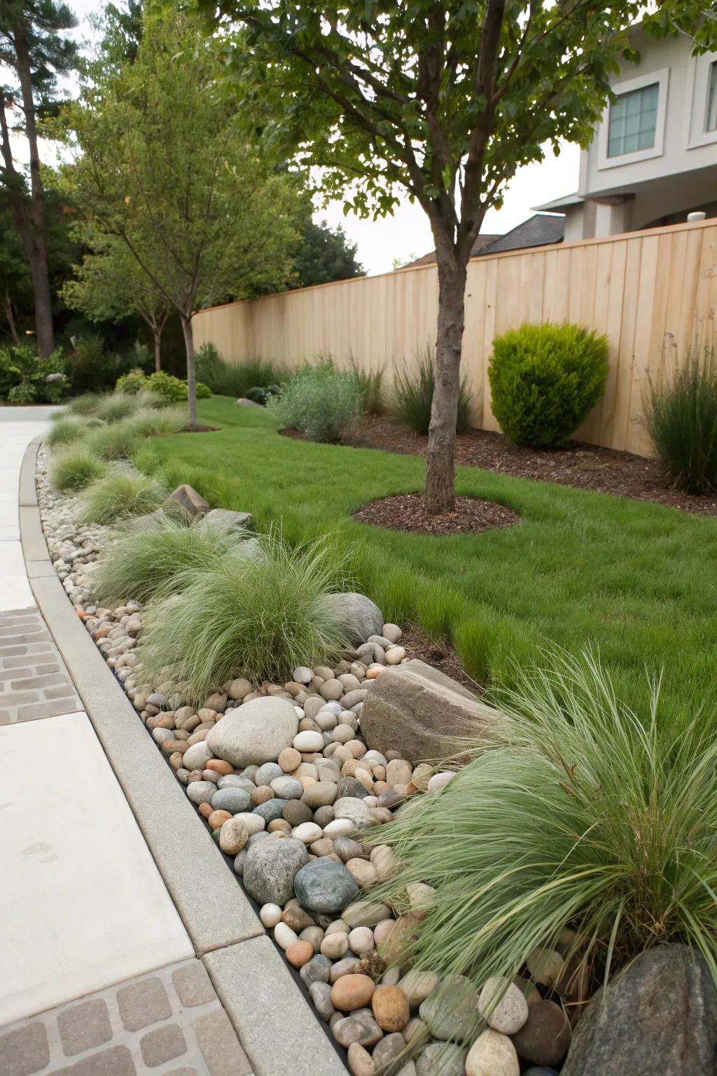 Minimalist berms with grasses and stones offer a sleek privacy solution.