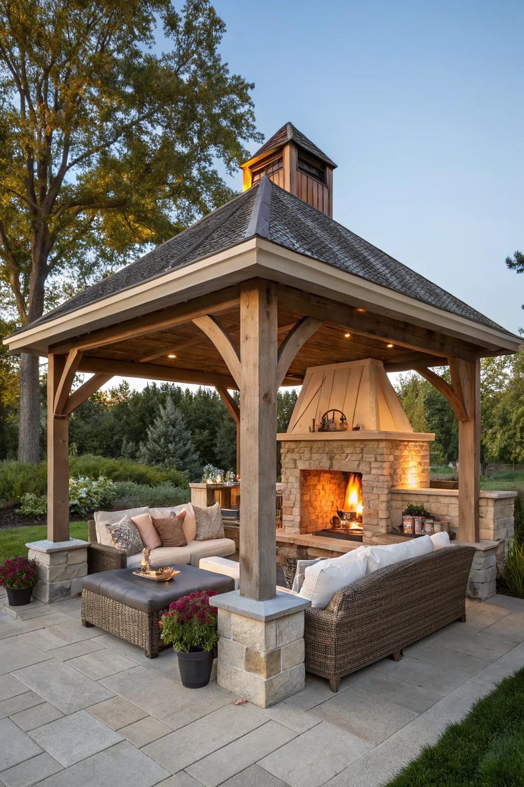 A fireplace pavilion becomes a cozy retreat for evening gatherings.