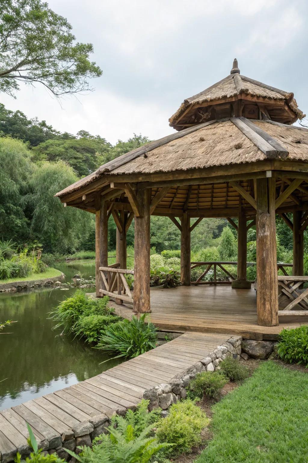 Reclaimed materials add character and sustainability to pavilion designs.