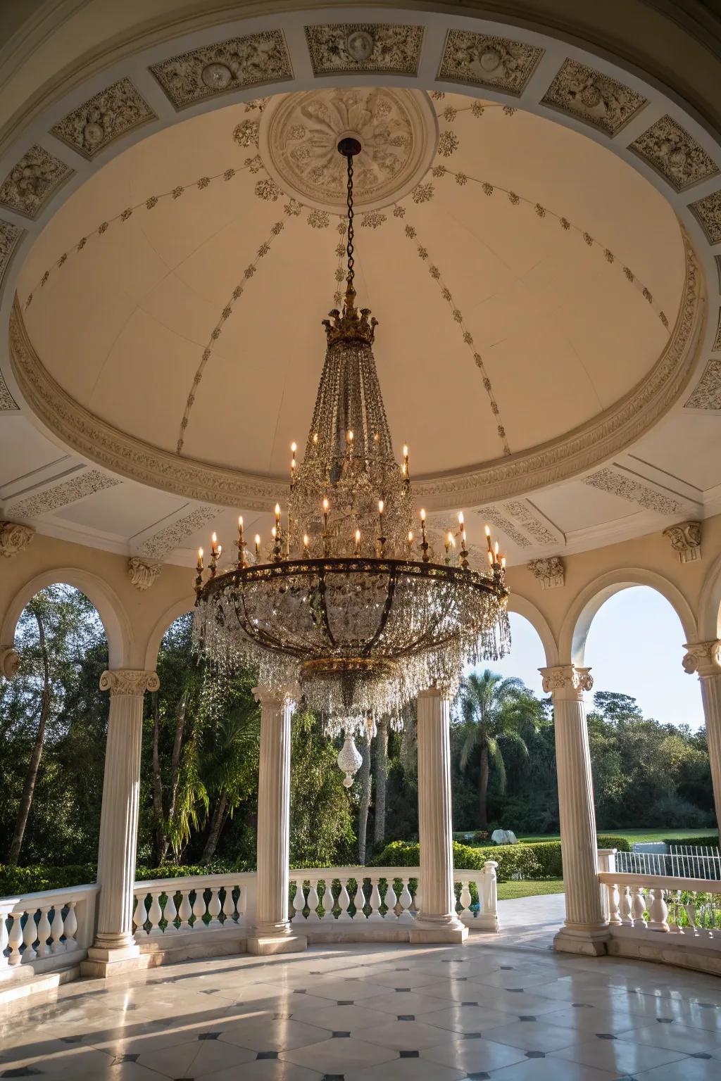 A chandelier adds an elegant and unexpected touch to pavilion decor.