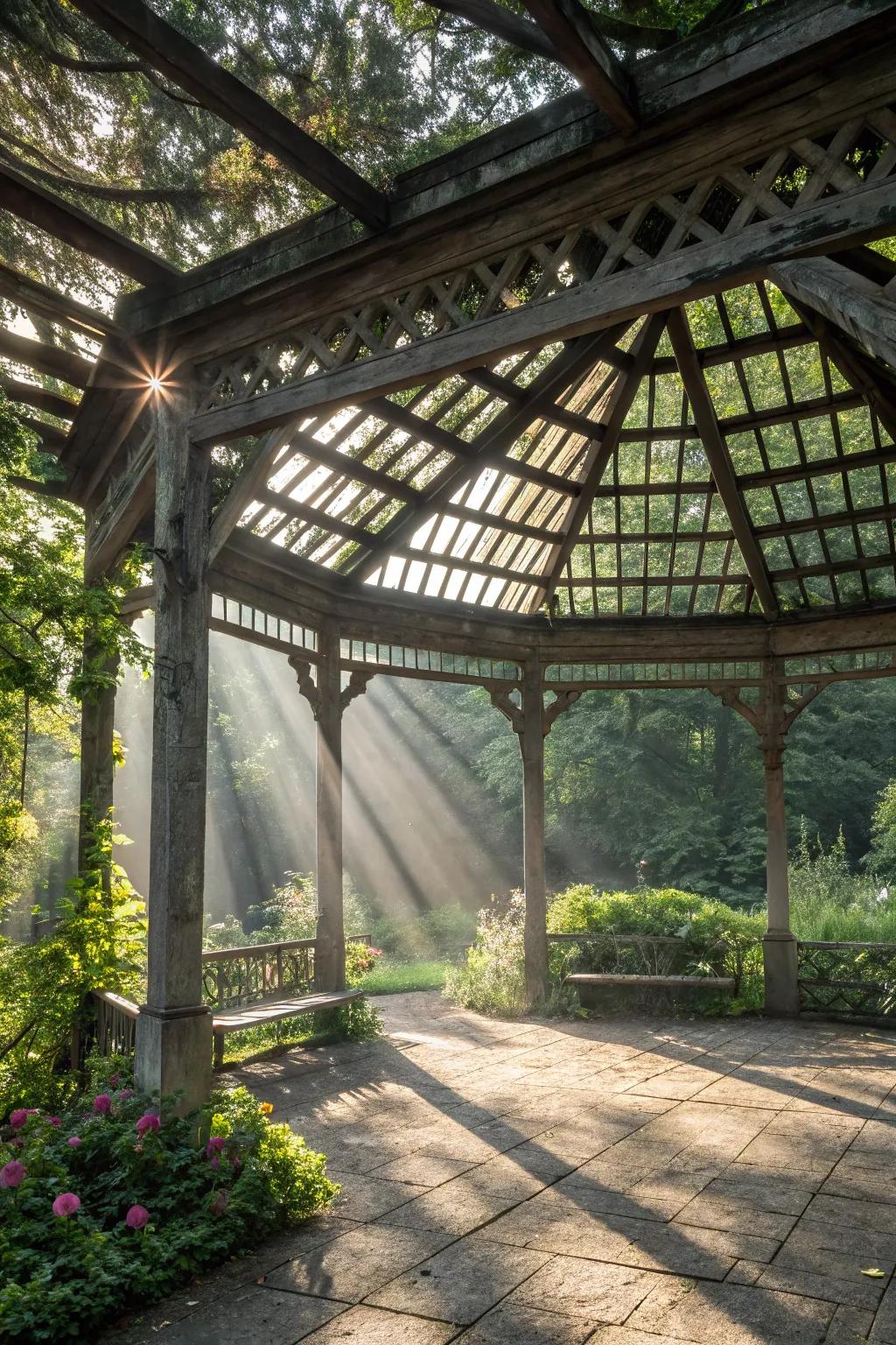 A pergola-style pavilion offers a perfect balance of sun and shade.