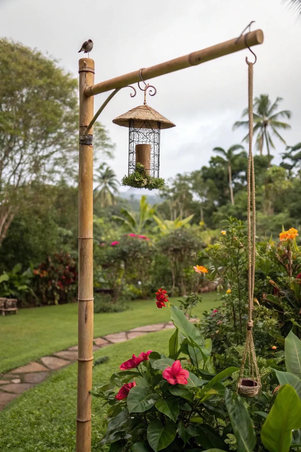 Bamboo poles provide a natural, tropical vibe for bird feeders.