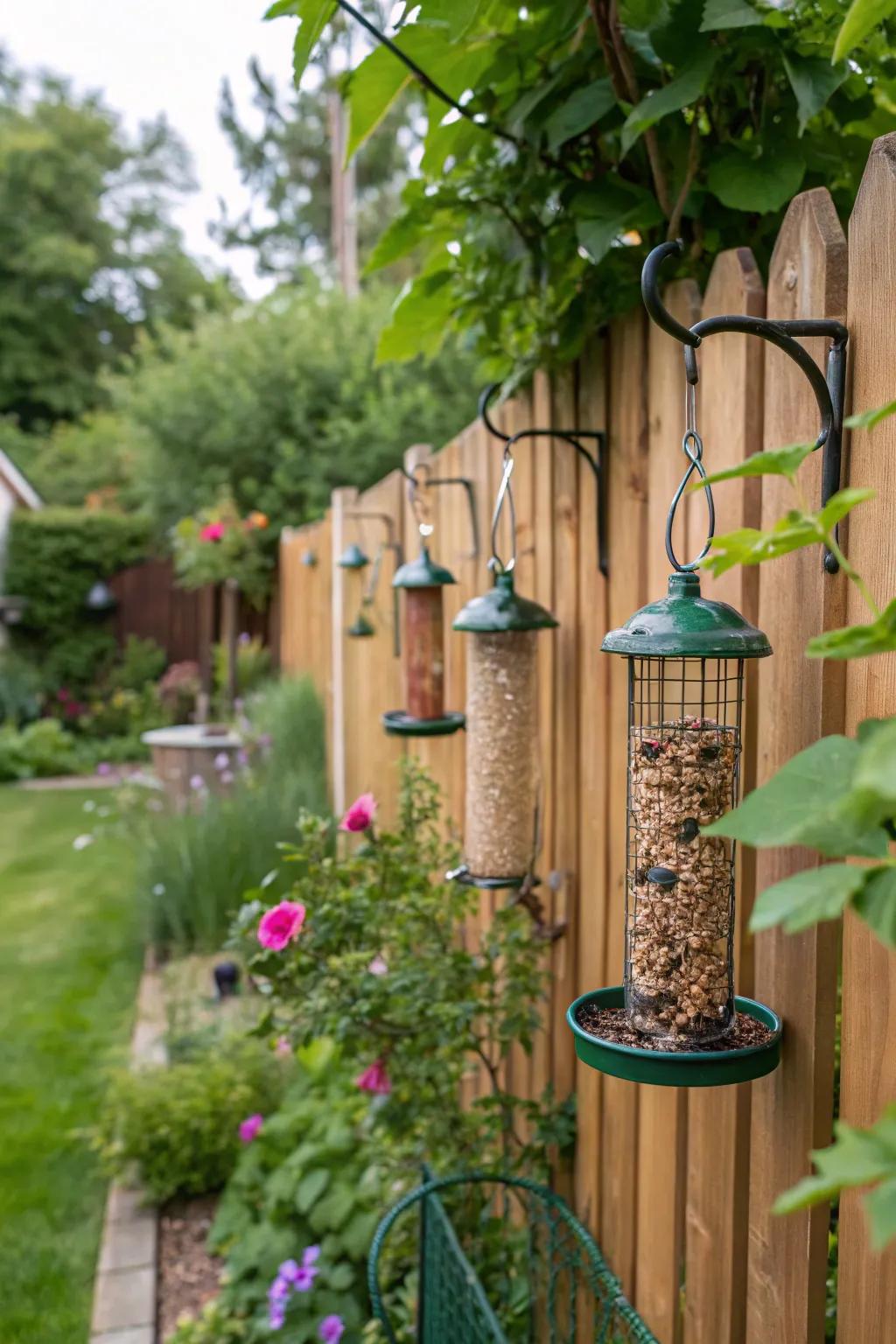 Fence-mounted hooks make efficient use of garden boundaries.