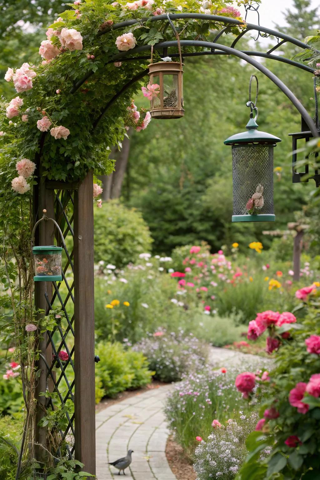 A garden arch offers a beautiful platform for multiple feeders.