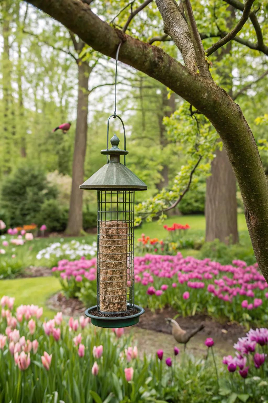 Tree branches provide organic support for bird feeders.