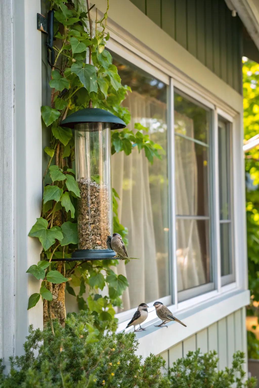 Window-mounted feeders offer intimate bird interactions.