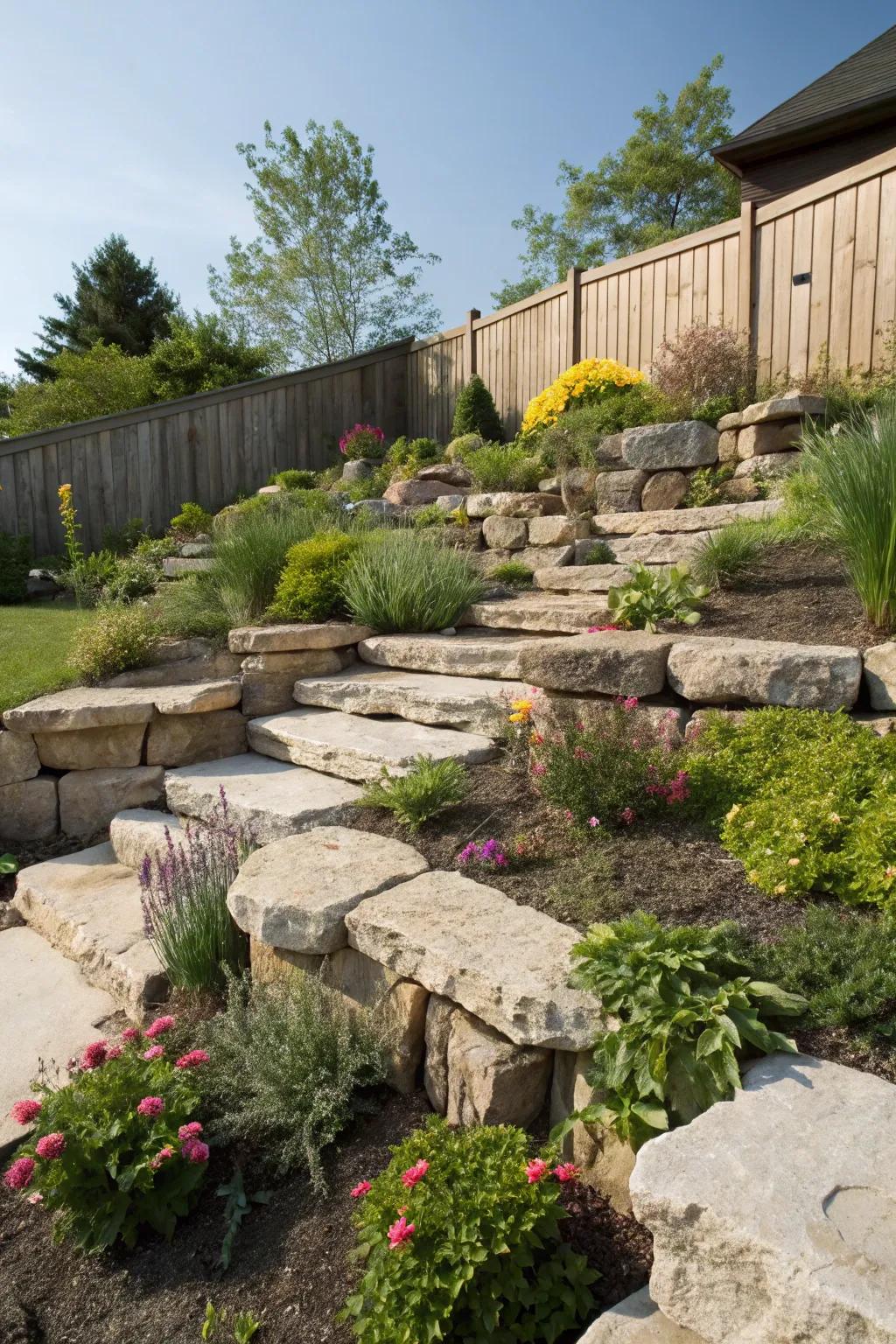 Layered rocks bring a dynamic look to your garden.