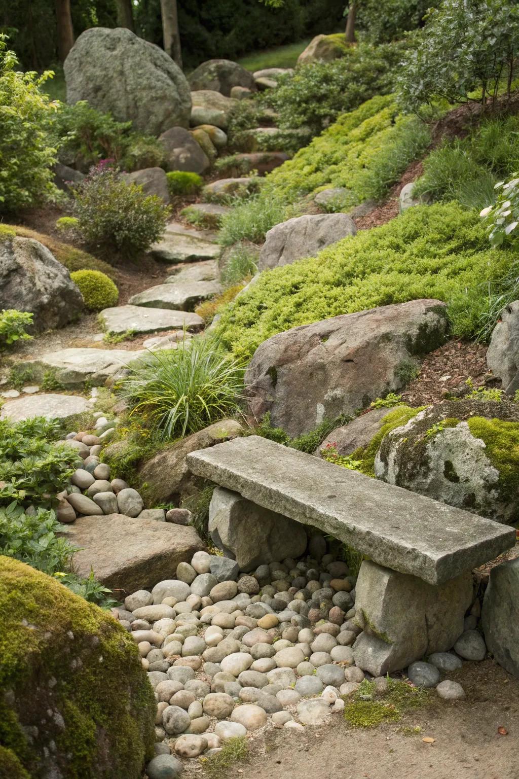 A stone bench invites you to relax and enjoy your garden.